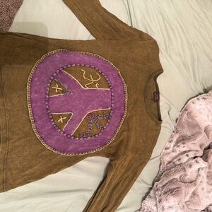 Vintage Brown Long Sleeve Shirt with Purple Peace Sign